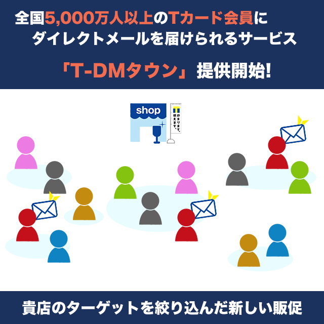 T-DMタウンは全国5000万人以上いるT会員へダイレクトメールを送れる新サービスです。まだ貴店を知らない人へPRできるチャンスです!!